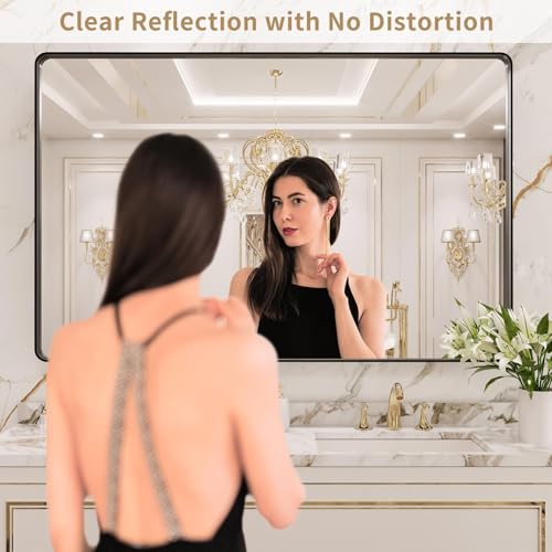 Black Metal Framed 22X30 Inch Rounded Rectangle Bathroom Mirror Y67208