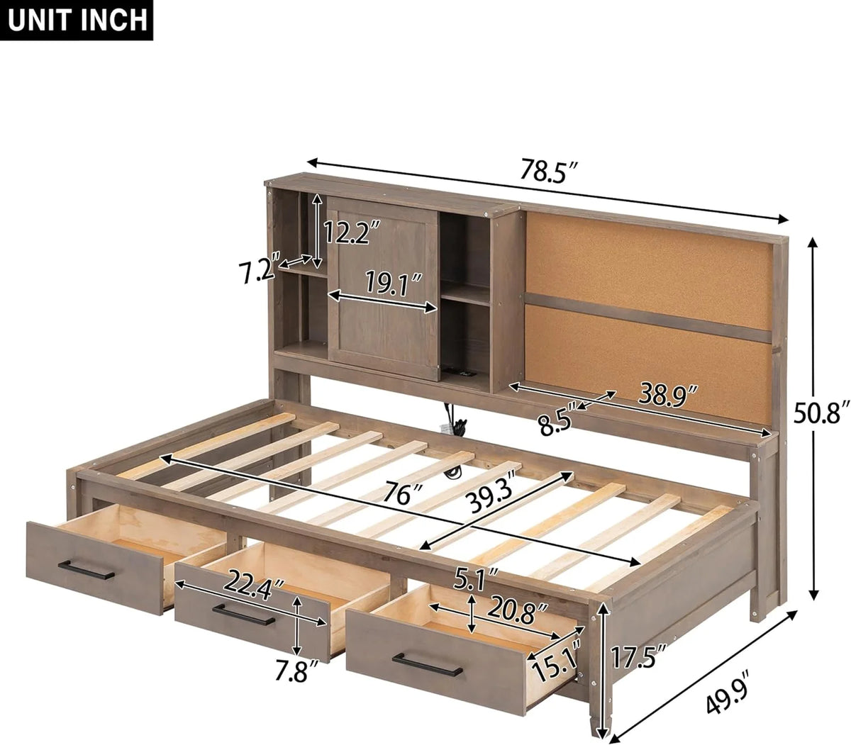 Twin Size Wood Daybed with Storage Drawers and USB Ports M17578