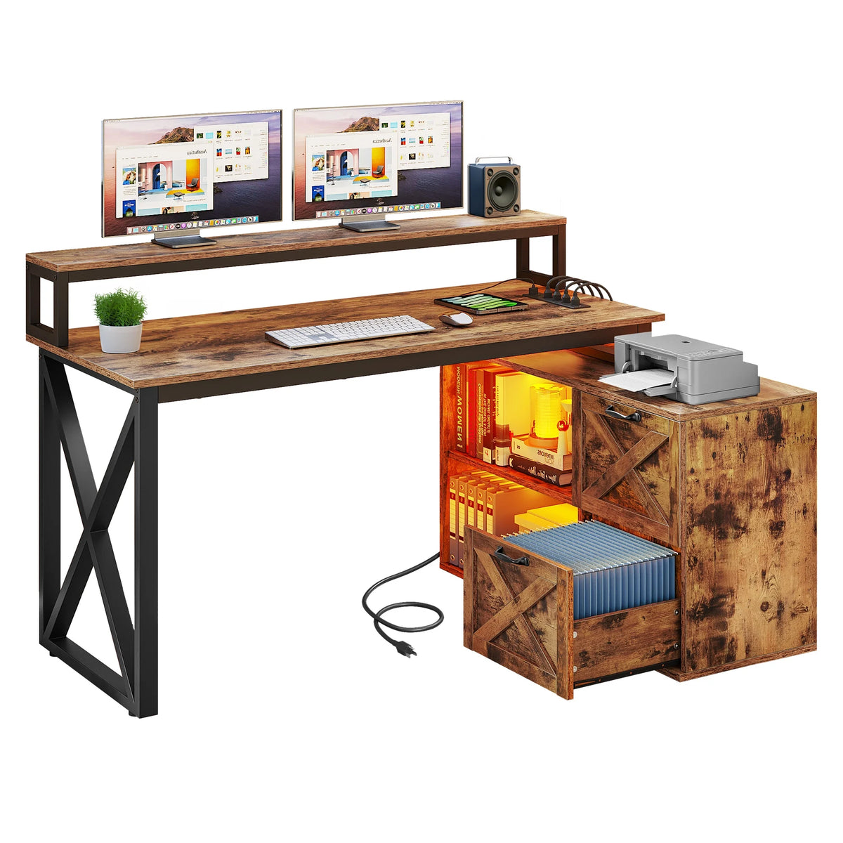 55" L Shaped Desk with Power Outlets and Monitor Stand U4792