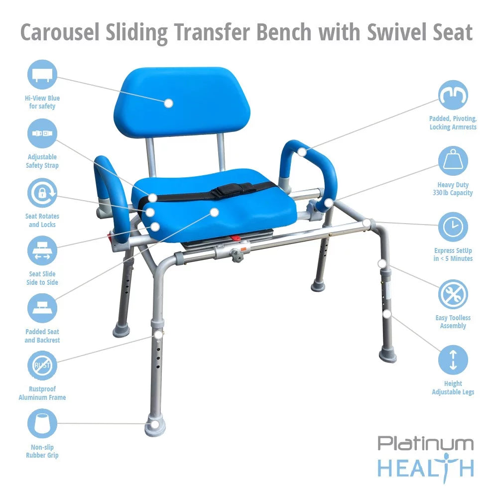 Sliding Transfer Bench with Swivel Seat Padded Bath Shower Chair A5006