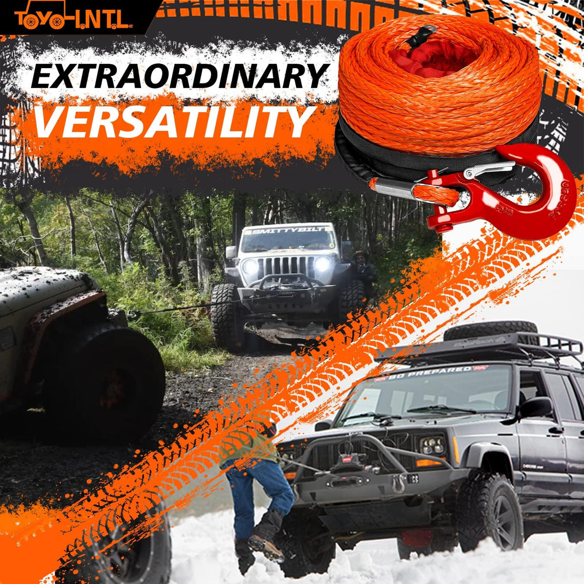 3/8" x 100ft Synthetic Winch Rope with Hook and Sleeve Protection Orange Recovery Cable Rope E527018