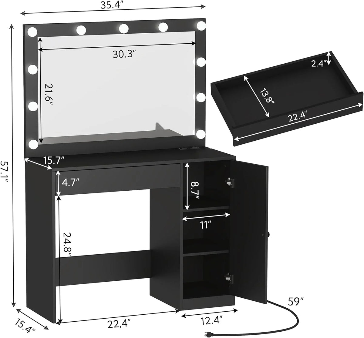 Black Vanity Desk with HD Mirror and Lights F59877