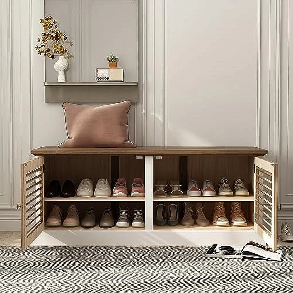 Brown and White Shoe Bench with Shelves H39560