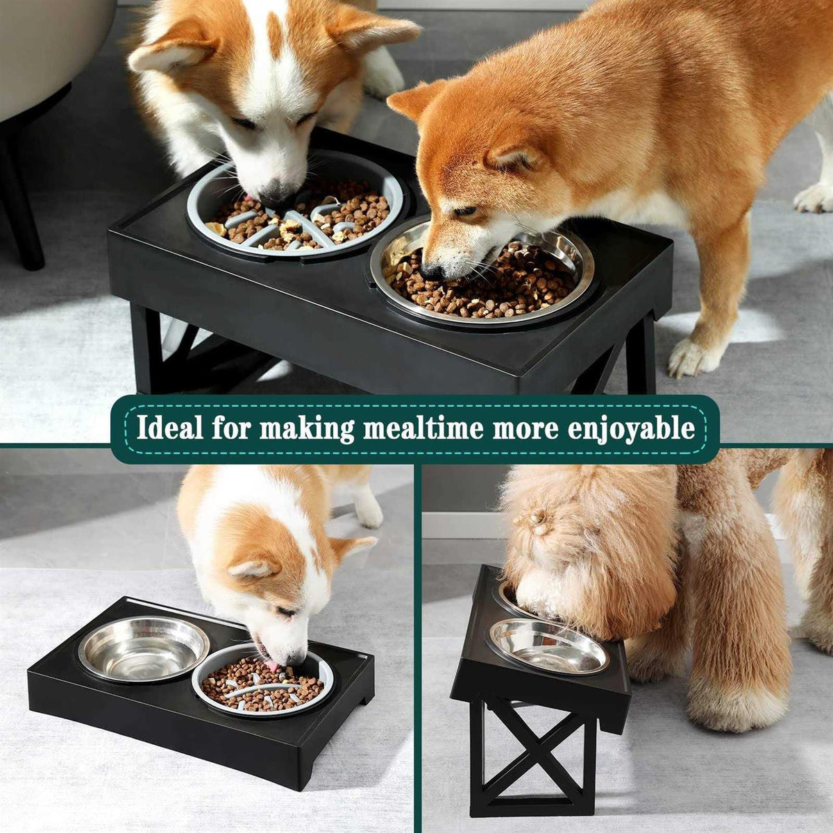 Adjustable Elevated Dog Bowl Stand with Slow Feeder Bowl E4975