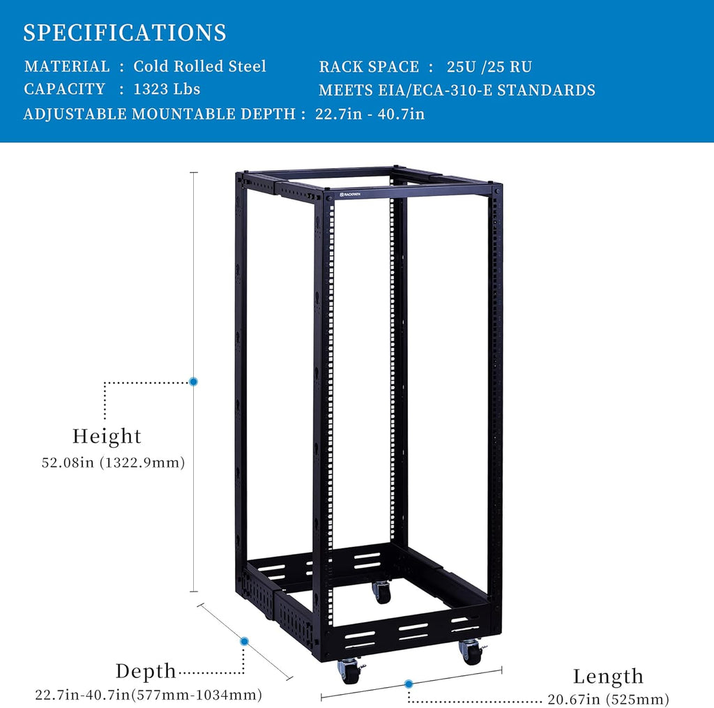12U Open Frame Server Rack, Heavy Duty 4 Post Adjustable Depth with Casters T81848