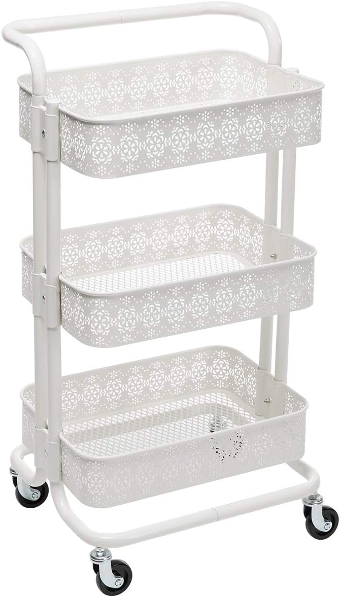 White 3-Tier Mesh Metal Utility Cart with Handle P5531