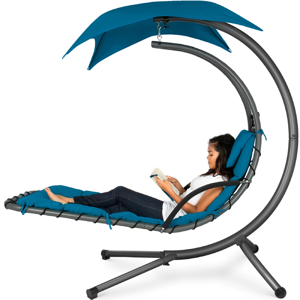 Hanging Curved Chaise Lounge Chair Swing with Pillow, Shade, Stand Z48533