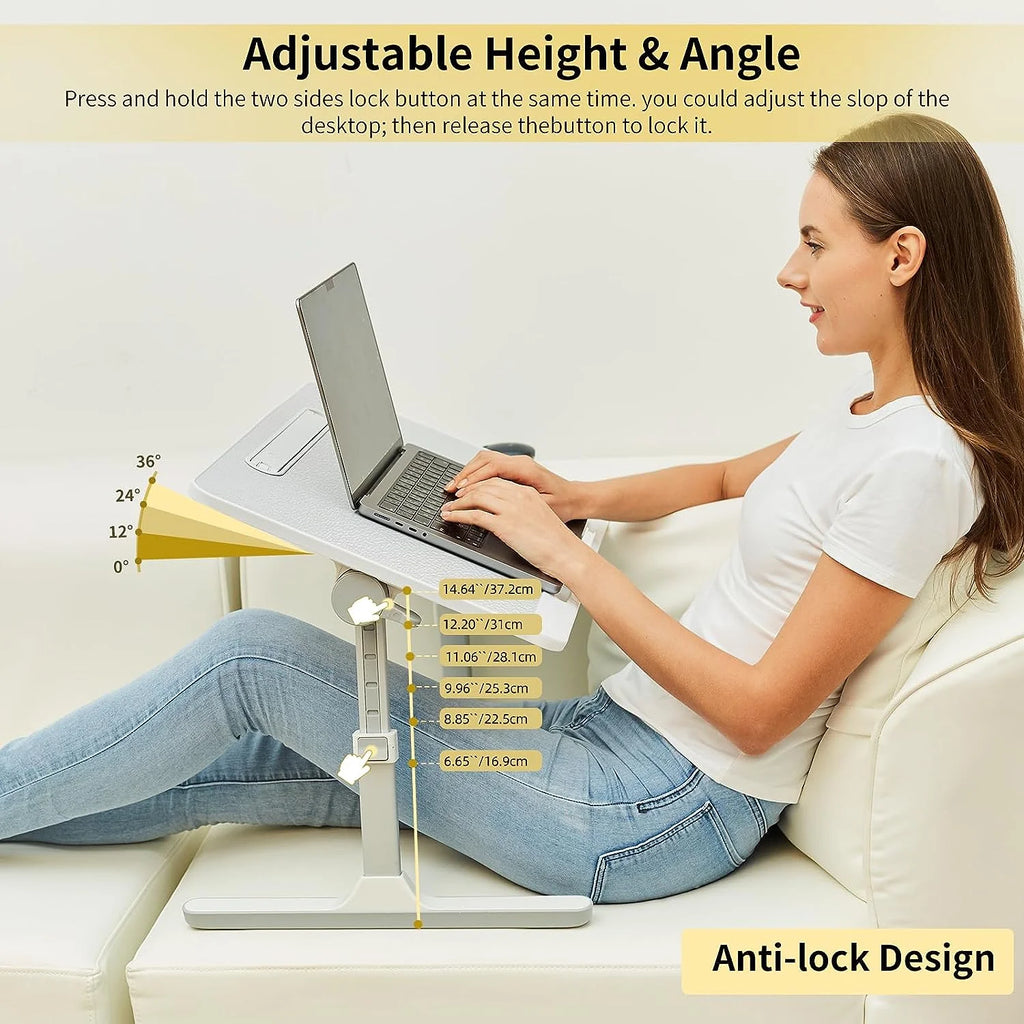 White Adjustable Laptop Table with LED Lights and Drawer Y4267