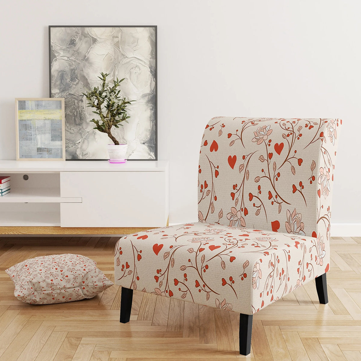 Red Vector Floral Pattern Upholstered Accent Chair and Arm Chair H238198