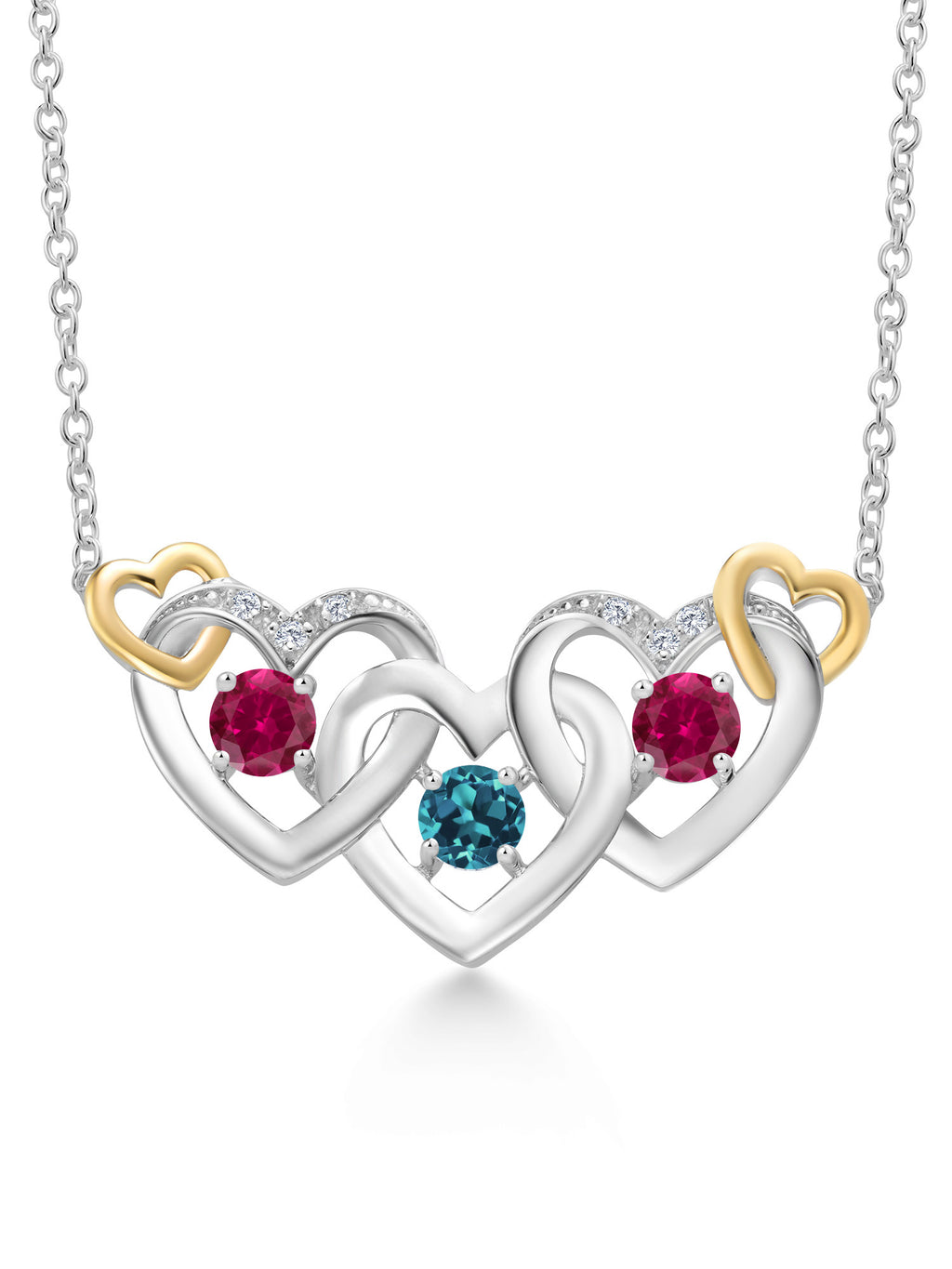 925 Silver 10K Yellow Gold London Blue Topaz Red Created Ruby White Lab Grown Diamond Heart Shape Pendant Necklace with 18 inch Chain E67552
