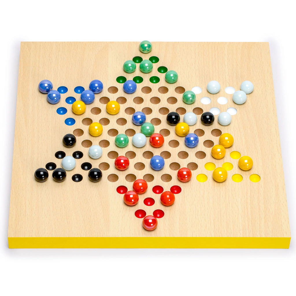 2-in-1 Reversible Ludo and Chinese Checkers Halma Wood and Glass Marble Game Set 12-Inch E3108