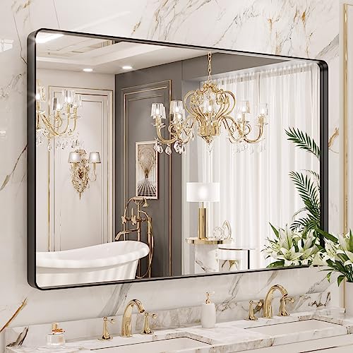 Black Metal Framed 22X30 Inch Rounded Rectangle Bathroom Mirror Y67208