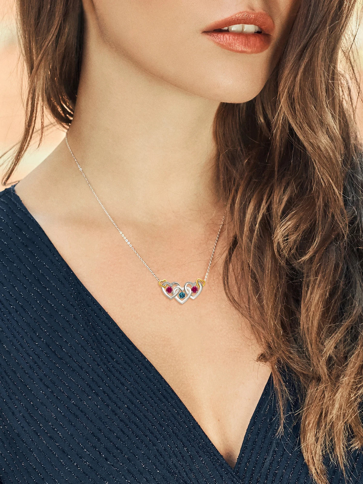 925 Silver 10K Yellow Gold London Blue Topaz Red Created Ruby White Lab Grown Diamond Heart Shape Pendant Necklace with 18 inch Chain E67552